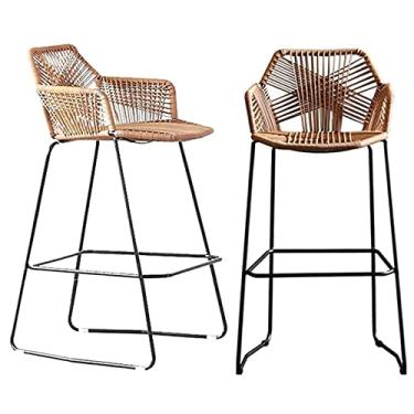 Imagem de Cadeiras de jantar cadeiras de sala de jantar bancos de bar de metal banco de balcão de vime com moldura de metal preto estilo simples banqueta alta de vime cadeira de jantar para cozinha pub balcão de café ao ar livre ilha