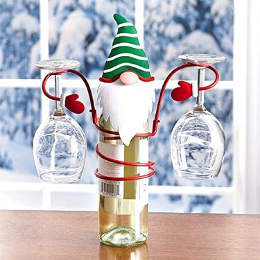 Imagem de KRONDO Garrafa de vinho de Natal, suporte para garrafa de vinho Papai Noel, porta-copos de vinho, enfeite de feriado, bar, adega, despensa, boneco de neve, decoração de arte de metal-chapéu verde