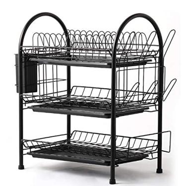 Imagem de Rack de Secagem de Prato Camadas Prato Rack de Aço com Ralo Removível Rack de Armazenamento para Escorredor de Pratos Suporte de Utensílio com Porta Copo para Armazenamento de Organizador de
