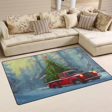 Imagem de Merry Christmas Tapete de área verde azul caminhão vermelho 4,8 x 7,8 cm tapete lavável para sala de estar quarto sala de estar decoração de casa