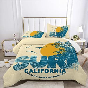 Imagem de Jogo de cama com estampa de surfista engraçado em um saco, 7 peças, desenho animado, prancha de surf, praia, incluindo 1 lençol com elástico + 1 edredom + 4 fronhas + 1 lençol de cima (C, cama queen