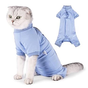 Imagem de Terno de recuperação de gato após cirurgia, roupa de recuperação de animais para ferimentos abdominais gato macacão cone E-Collar alternativa, azul P
