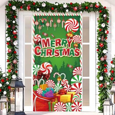 Imagem de Decorações de Natal de hortelã-pimenta, 1,8 x 0,9 m Candyland Decorações de Natal Cobertura de porta de hortelã-pimenta Decorações ao ar livre Porta da frente Decorações de cobertura de porta de Natal