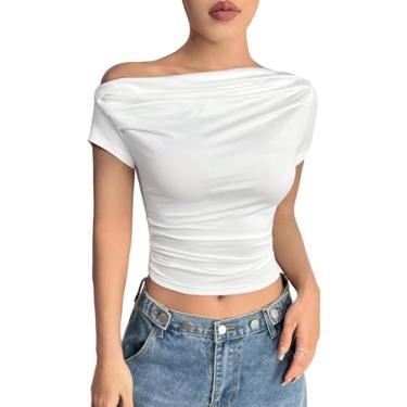 Imagem de GORGLITTER Camiseta feminina com ombros de fora franzidos e gola assimétrica, manga curta, caimento justo, Branco, G