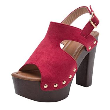 Imagem de Sandálias femininas modernas estilo cunha amarelo gladiadores salto preto couro bota top tendência salto plataforma grosso sandálias, Vermelho, 8.5 Narrow