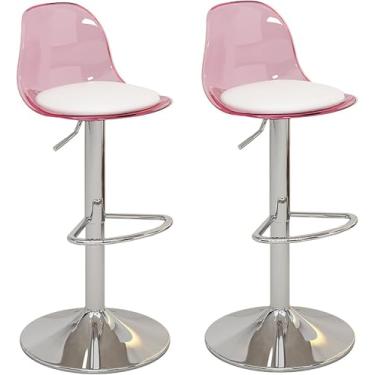 Imagem de Conjunto de 2 bancos de bar em acrílico - cadeiras giratórias elegantes com altura ajustável em couro PU e encosto transparente - bancos de bar modernos para cozinha doméstica, rosa