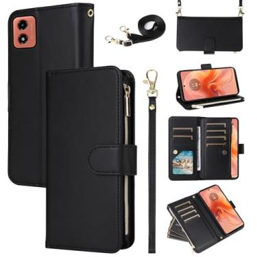 Imagem de Furill Capa carteira para Moto G04/G04s com alça de pulso removível, alça de ombro transversal de couro PU de luxo, bolsa flip com zíper, 11 + compartimentos para cartões, capa protetora para celular