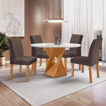 Imagem de Conjunto Mesa Barcelona 100cmx100cm 4 Cadeiras Espanha Tampo Slim Plus Redondo Vidro Yescasa Cinamomo/Off White/Marrom