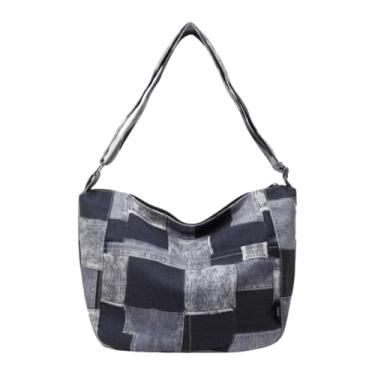 Imagem de Bolsa tiracolo hippie para mulheres 2024, bolsa carteiro jeans Y2K, bolsa boho de ombro de lona para viagens casuais, Azul marinho