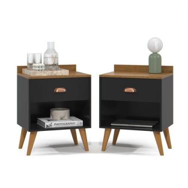 Imagem de Kit 2 Mesas De Cabeceira Estilo Retró Luxo Pérola New Preto/Freijo - M