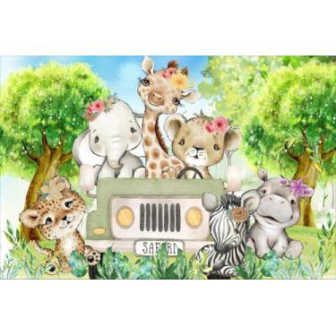 Imagem de Painel de Lona Safári Aquarela Baby Animais e Flores - Fabrika de Fest