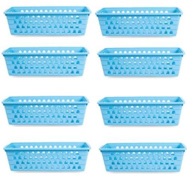 Imagem de Kit 8 Cestos Multiuso Comprido Retangular Azul 28x11x8 Cm 123Organizei