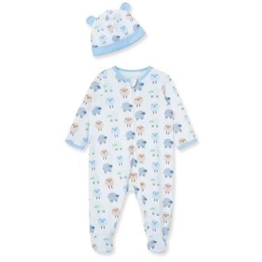 Imagem de Little Me Roupas de gênero neutro para bebês 2 peças 100% algodão sem arranhões com etiqueta e conjunto de boné, prematuro até 9 meses, Cordeiros azuis, 9 Meses