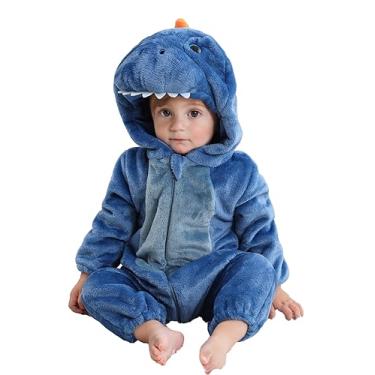 Imagem de Macacão unissex de flanela de animais para o Natal e Halloween, macacão infantil com capuz de dinossauro de inverno para bebês meninos com zíper frontal 110