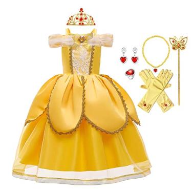 Imagem de HOIZOSG Vestido de princesa Belle para meninas A Bela e a Fera fantasia de Dia das Bruxas vestido de festa de aniversário com acessórios amarelo 001 3T