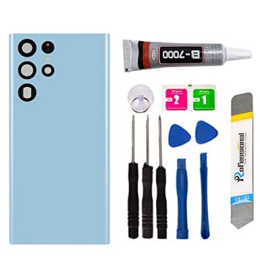 Imagem de Tampa traseira de vidro de reposição para reparo de bateria painel traseiro da porta para Samsung Galaxy S23 Ultra SM-S918, com fita e ferramentas (com lente da câmera) (azul)