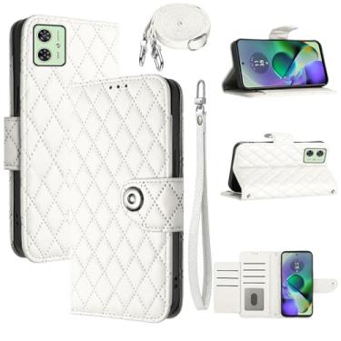 Imagem de Dswteny Capa carteira para Motorola Moto G54 5G com alça de ombro transversal, padrão Argyle PU couro flip suporte para cartão de crédito capa para celular G 54 2023 meninas mulheres branca