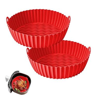 Imagem de FROVEN Forros redondos de silicone para fritadeira a ar (embalagem com 2) inserções reutilizáveis antiaderentes em vermelho – com alças para cozinhar sem bagunça – compatível com Ninja, COSORI, Gowise