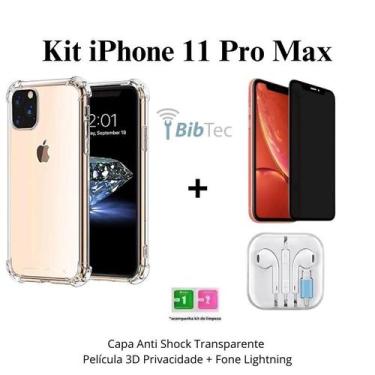 Imagem de Kit Capa Transparente + Película 3D Privacidade Vidro + Fone de Ouvido