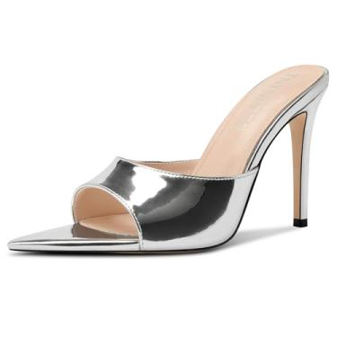 Imagem de TNYNFBEB Sandália feminina stiletto alta peep aberta bico fino sapatos mules slip-on slingback vestido de festa escritório couro envernizado verão 3,9 polegadas salto, Prata, 42