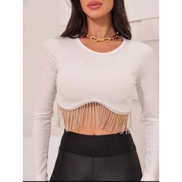 Imagem de Cropped Gola Alta Canelado Manga Longa Comprida - Juh Store, Branco