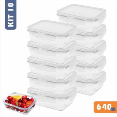 Imagem de kit 10 pote 640 ml  vidro marmita hermético tampa com trava - detudosh