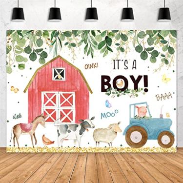 Imagem de Aperturee Farm Animals Baby Shower Backdrop 7x5ft It's a Boy Red Barn Greenery Green Leaves Kids Prince Photography Background Oh Boy Newborn Party Decoration Banner Props Photo Booth