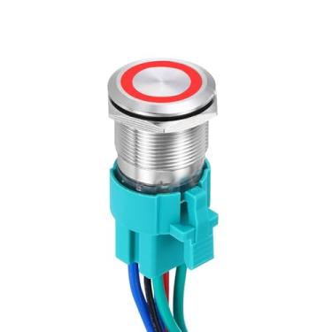 Imagem de DMiotech Interruptor de botão de trava de aço inoxidável de 7/8 polegadas, cabeça chata, 15A, 12-24 V, concha prateada de 6 pinos com soquete de cabo, anel vermelho LED 2NO para sistemas de barcos de