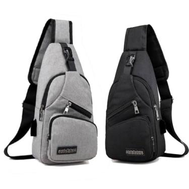 Imagem de Mochila BagTransversal com Entrada USB, Bolsa Tiracolo Unissex, Múltiplos Compartimentos, Sortida enviada conforme disponibilidade em estoque. Cinza e Preto