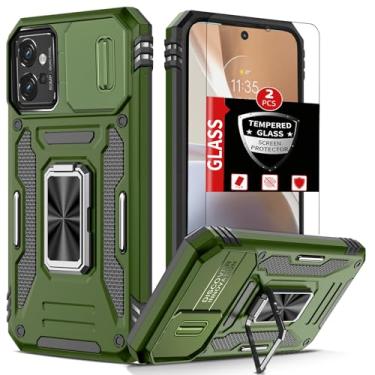 Imagem de FRLMOOES Capa para Motorola Moto G32 com 2 protetores de tela, capa de câmera deslizante integrada + anel de suporte de 360° para capa de telefone G32 à prova de choque, antiarranhões, proteção