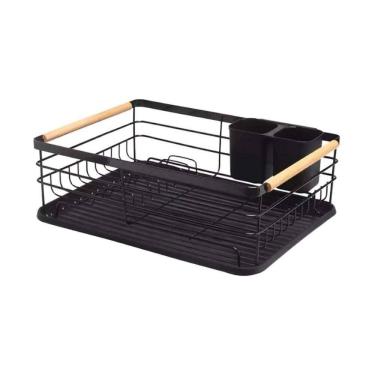 Imagem de Escorredor De Louças de Metal e Madeira com Bandeja 43x32cm - Preto