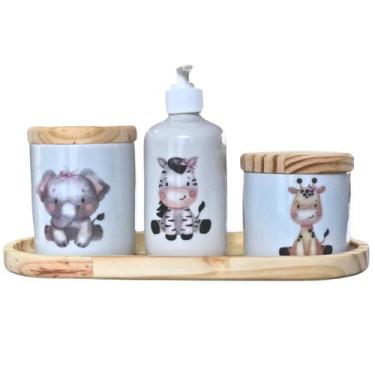 Imagem de Kit higiene bebê 4 peças Safari - MENINA - Bandeja, potes e porta álco