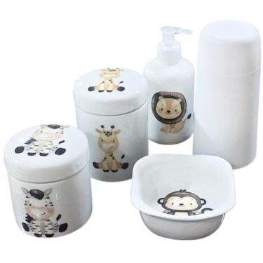 Imagem de Kit higiene bebê Safari 5 peças - potes, porta álcool, garrafa térmica