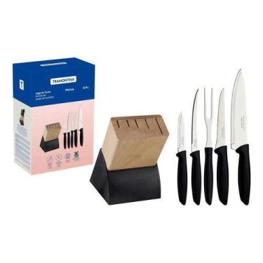 Imagem de Conjunto Kit De Facas Tramontina Carnes Cozinha Suporte Cepo, Preto, 6