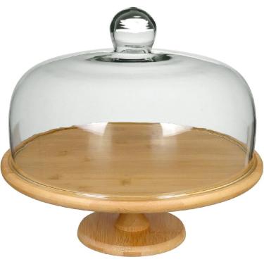 Imagem de PRATO BOLO BOLEIRA REDONDO HOME&CO TAMPA VIDRO BAMBU 30x33x33cm