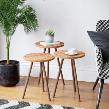 Imagem de Conjunto de 3 mesas de centro com espaço pequeno, minimalista, moderna, redonda para sofá, cabeceira, bandeja de café e lanche para sala de estar (natural)