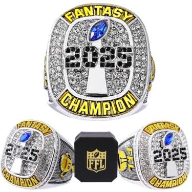 Imagem de noblehead Anel Campeonato de Futebol Fantástico 2025 | Anel Troféu Campeão FFL Pesado | Troféu de Prêmio Banhado a Ouro Prateado para Vencedor da Liga de Futebol de Fantasia, size 8 with free FFL logo