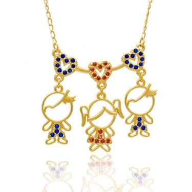 Imagem de Colar de Filhos Dois Meninos e uma Menina com Cristais Colorido Folheado em Ouro 18K Softjoias