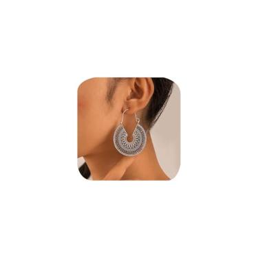 Imagem de Brinco vintage oco floral com pingente de mandala boêmia espiral brincos de argola exagerada brincos circulares grandes brincos tribais indianos joias presentes para mulheres
