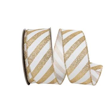 Imagem de Reliant Ribbon Fita de borda com fio com glitter diagonal listrada, branco/dourado