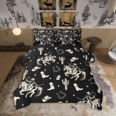 Imagem de Conjunto de edredom ocidental com 7 peças, botas tribais, cacto, ferradura, retrô, preto, rústico, caubói, equitação, graffiti (edredom + lençol de cima + fronhas + fronhas de travesseiro), King