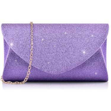 Imagem de Bolsa feminina para noite, bolsa clutch com glitter, bolsa de mão de casamento com corrente para festa de casamento formal, coquetel, jantar de formatura (roxa), Glitter roxo