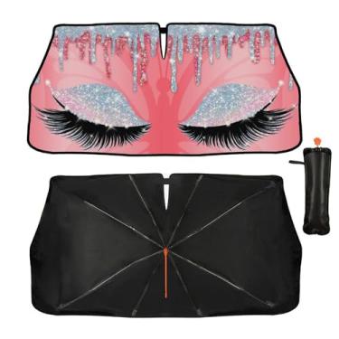 Imagem de Guarda-sol rosa lindo pestanas carro para-brisa guarda-sol, guarda-chuva dobrável para janela dianteira, refletor UV, proteção solar, pára-brisa automático, guarda-sol 144.8 cm x 76.2 cm