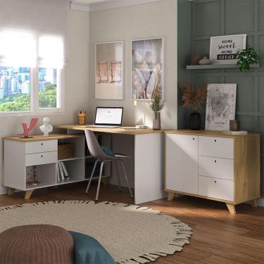 Imagem de Conjunto de Escrivaninha com Armário de Escritório 2 pt 2 gv Gold Toq Olmo e Branco