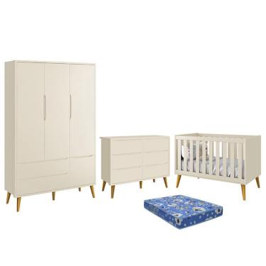 Imagem de Dormitório Theo 3 Portas, Cômoda 6 Gavetas, Berço com Pés Amadeirado e Colchão - Reller Móveis Areia Fosco