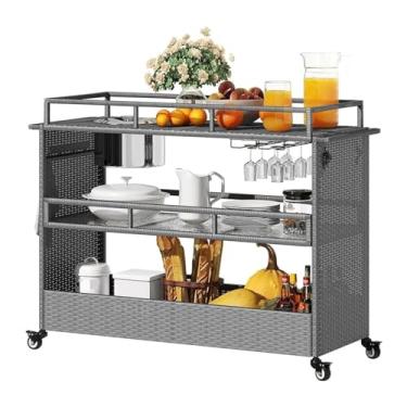 Imagem de Carrinho de Armazenamento Carrinho de cozinha, carrinho de bar portátil com rodas, mesa de balcão de vime com 2 prateleiras de aço, adequado para quintal de cozinha de terraço Carrinho de Armazenament