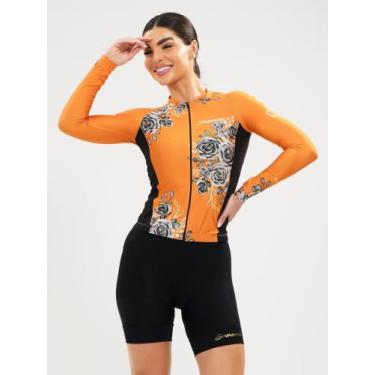 Imagem de Camisa Para Ciclismo Manga Longa Feminina Flowers Laranja Savancini (3