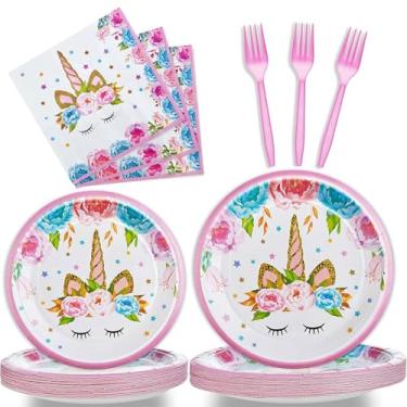 Imagem de DTDO Conjunto de 96 pratos e guardanapos de festa de unicórnio inclui guardanapos de prato de papel de unicórnio mágico, garfos pretos, utensílios de jantar descartáveis com tema Hourse para