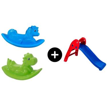 Imagem de Escorregador Baby Infantil Vermelho c/ Azul + Dino verde + Unicornio Azul para a diversão de meninos e garotos de todas as idades Toy kids brinquedo l