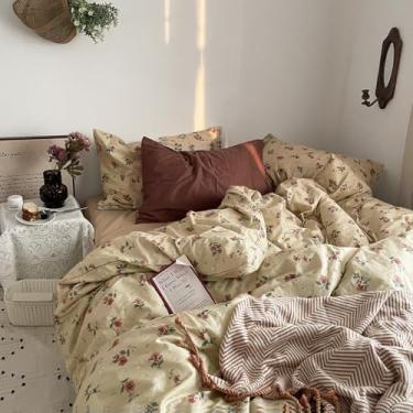 Imagem de MKXI Conjunto de capa de edredom floral bege amarelado e vermelho tamanho casal - Conjunto de cama country vintage de 3 peças com padrões florais e folhas verdes, capa de edredom estética macia 100%
